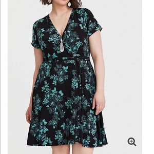 Black and teal floral faux wrap dress